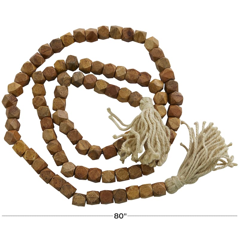 Mango Wood Handmade Hexagon Carved Geometric Long Beaded Garland with Tassel - Roche River Decor