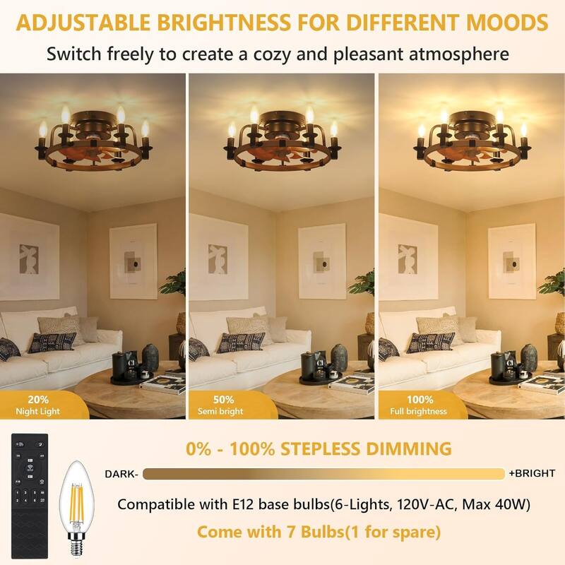 Vintage Ceiling Fan Light with Lighting and Multifunctional Remote Control, 6 Speed Settings for Bedroom and Living Room