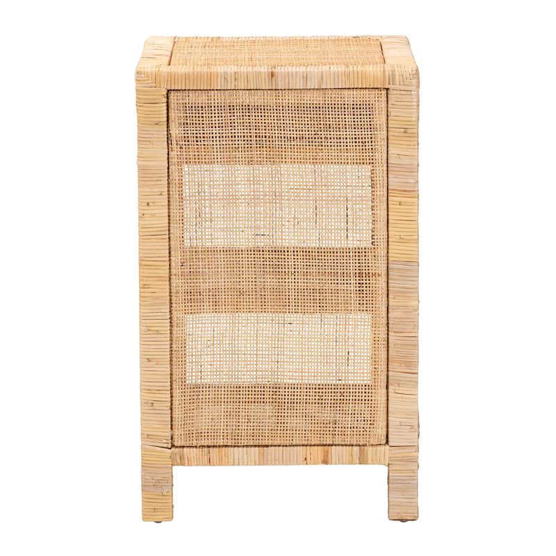 Bella Modern Bohemian Natural Brown Mahogany Wood and Natural Rattan 1-Drawer Nightstand