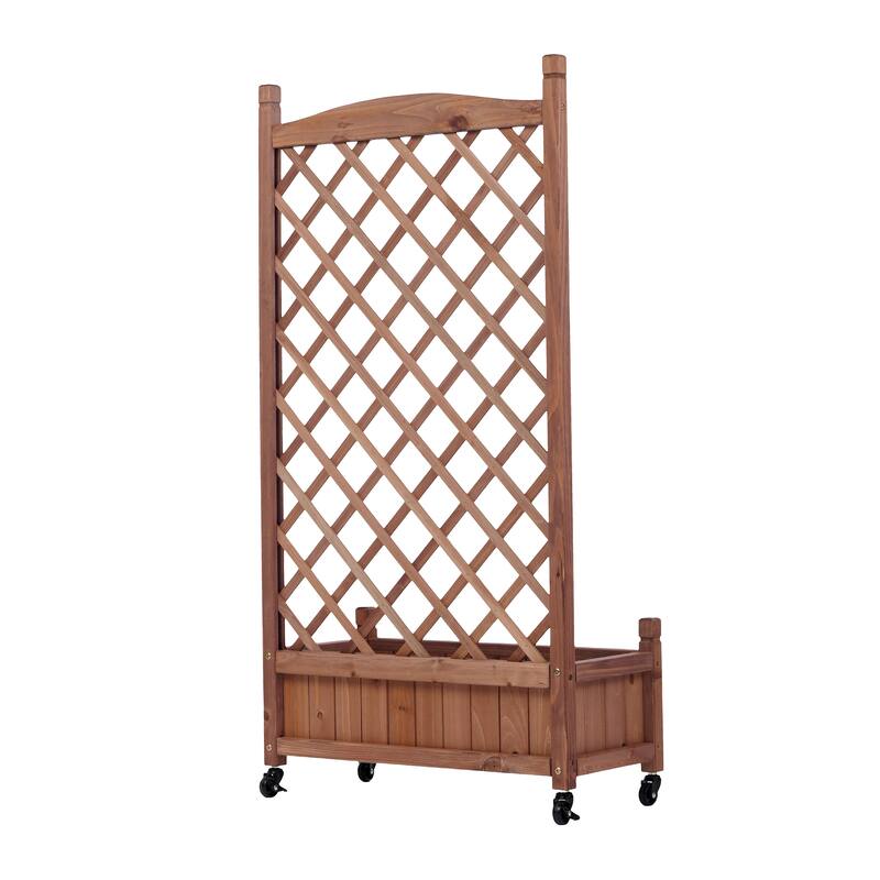 Set of 2 Portable Wood Planter Garden Bed with Wheels Drainage Trellis