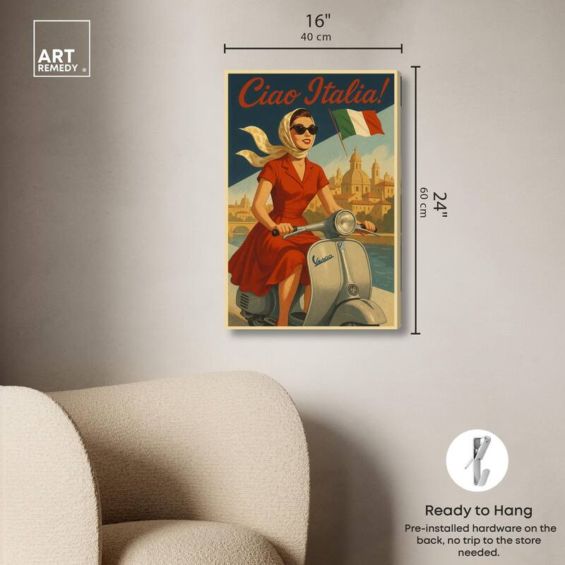 Scooter Italian Travel Canvas by Art Remedy, Gallery Wrapped