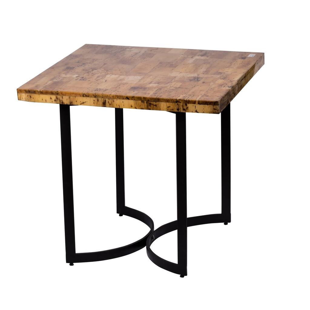32 Inch Side End Table, Hardwood Square Top, Curved Iron Base, Brown, Black