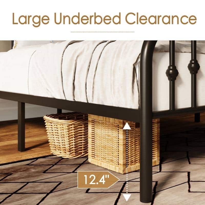Vintage Farmhouse Black Metal Platform Bed with Spindle Headboard and Footboard No Box Spring Required