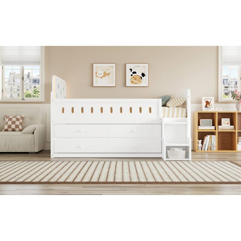 Roomfitters Full Size Wooden Bed with LED Headboard, 4 Storage Drawers and Ladder