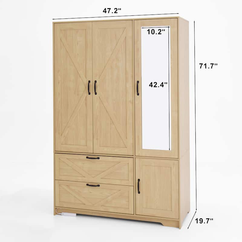 4 Doors Wardrobe Closet with Mirror, LED Wardrobe with Doors and 2 Drawers, Wooden Wardrobe Storage Cabinet with Hanging Rod