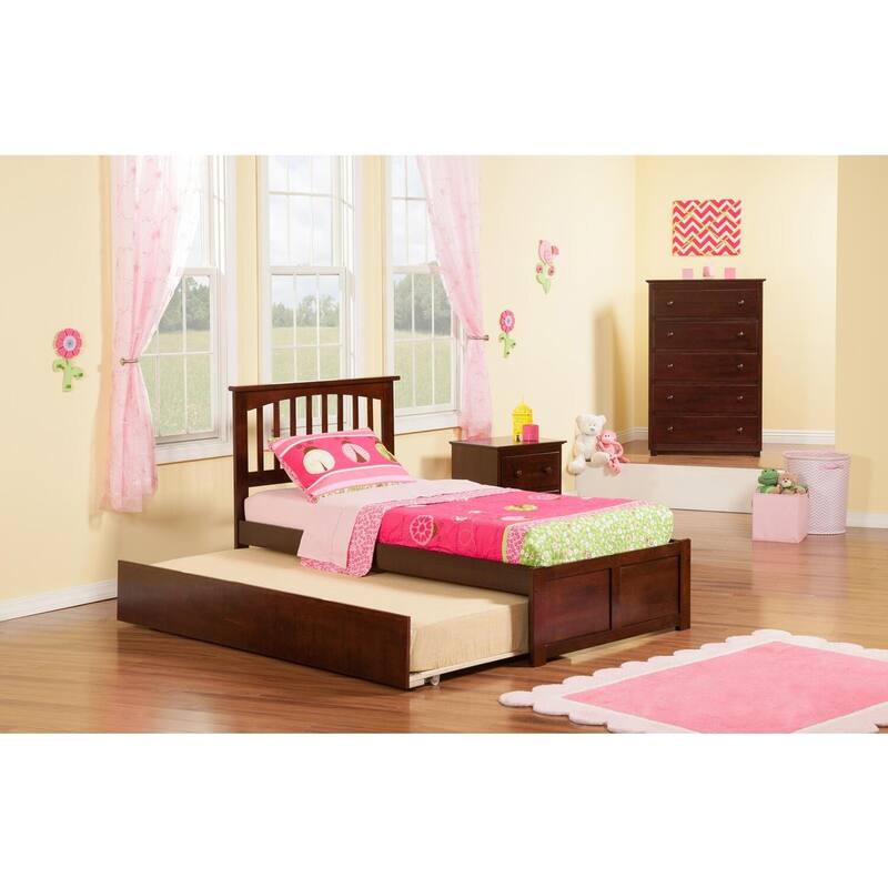 Full Platform Bed with Trundle - Twin Size, Urban Chic Design, Walnut Finish, Space Saving Bed Frame