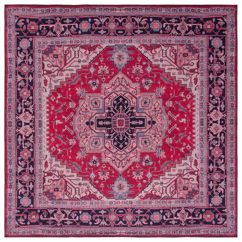 SAFAVIEH Tucson Machine Washable Slip Resistant Emmer Traditional Rug - 6' Square - Red/Navy