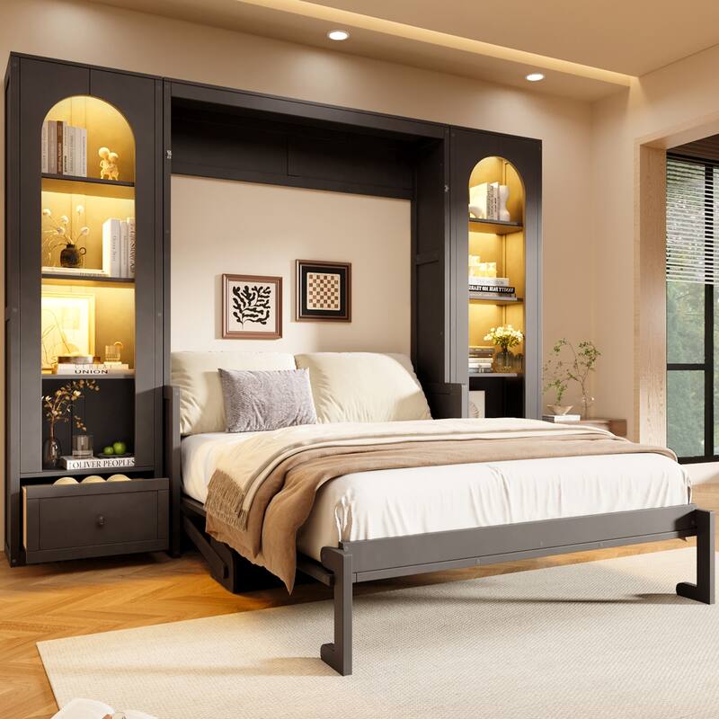 Murphy Bed Queen Size Bookcase Bed Platform Bed with Side Cabinets and 2 Drawers, Elegant French Folding Bed LED Wall Bed