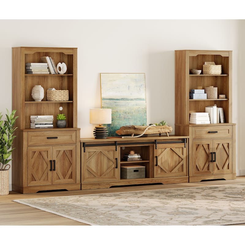 Modern Farmhouse TV Stand with Bookcase for 65" 75" TV with Barn Door for Living Room, Bedroom & Home Office
