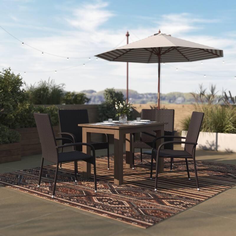 Indoor/Outdoor Stacking Steel Framed Wicker Dining Armchairs - 4 Pack - Espresso