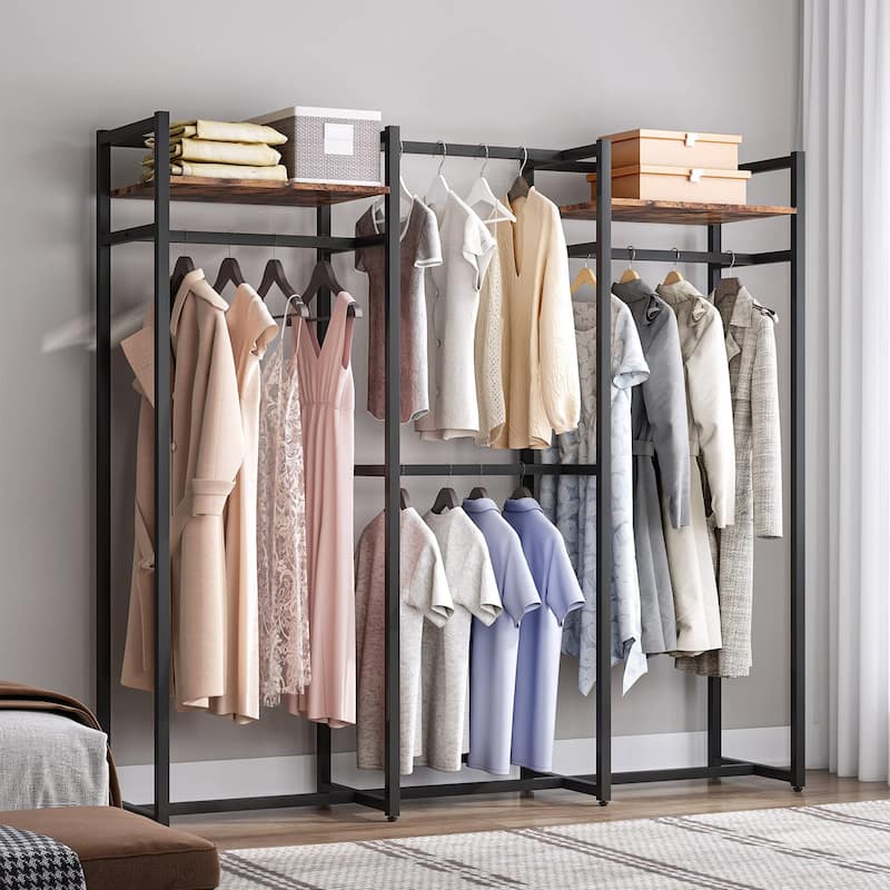 Free Standing Closet Organizer with Hanging Rods, Garment Rack Heavy Duty Clothes Rack with Storage Shelves, Max Load 500LBS
