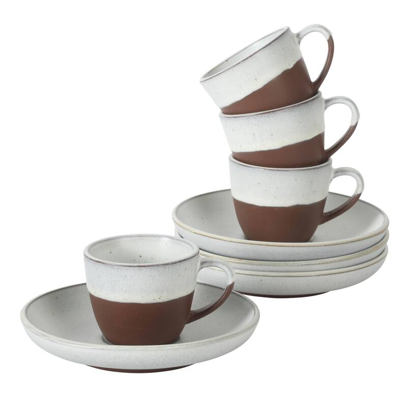 Gibson Elite William Crest 8 Piece Cup & Saucer -3.5oz Espresso Cups, 5.5" Saucers Reactive Stoneware Set - Ash White