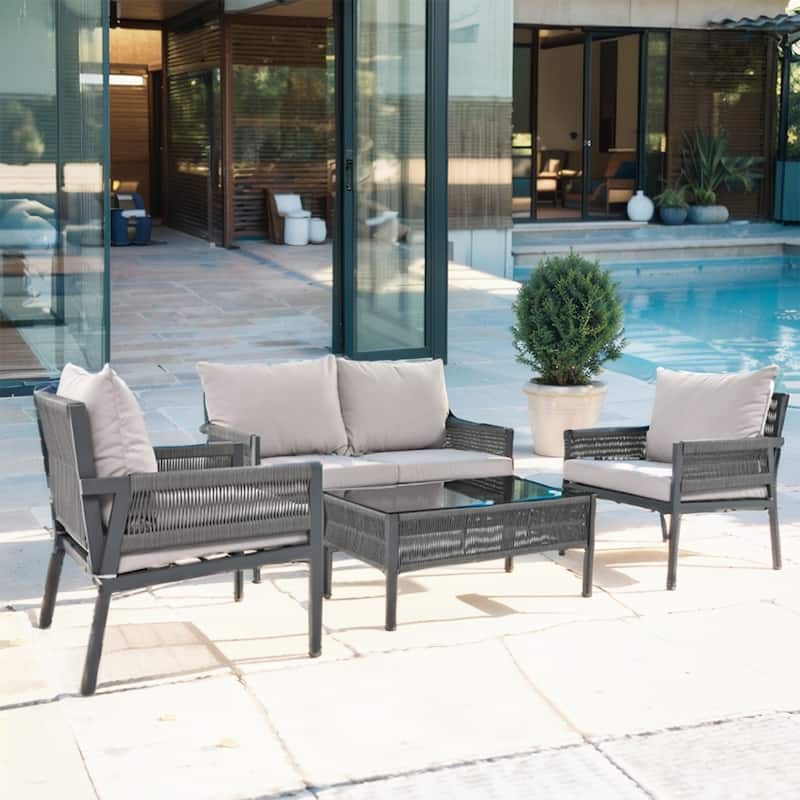 4-Piece Rope Outdoor Patio Furniture Set, Patio Conversation Set - 1Loveseat&1Table&2Chairs - Gray