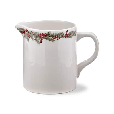 Farmhouse Christmas Holly Berry Printed White Stoneware Water Beverage Pitcher, 32 oz