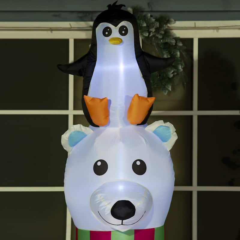 Outsunny 7ft Christmas Inflatable Polar Bear with Penguin on Head with Candy Cane and Gift Box, Blow-Up Outdoor LED Yard