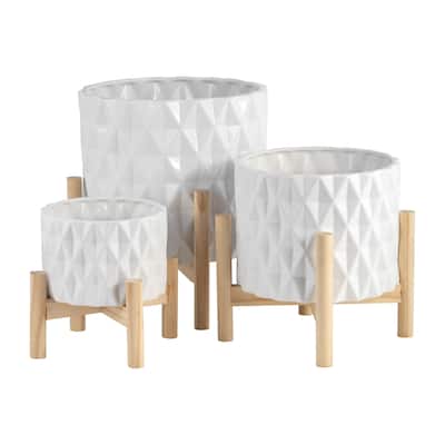 Sagebrook Home Ceramic Planter on Pine Wood Stand - Enhance Your Living Space - Garden Chic Decor