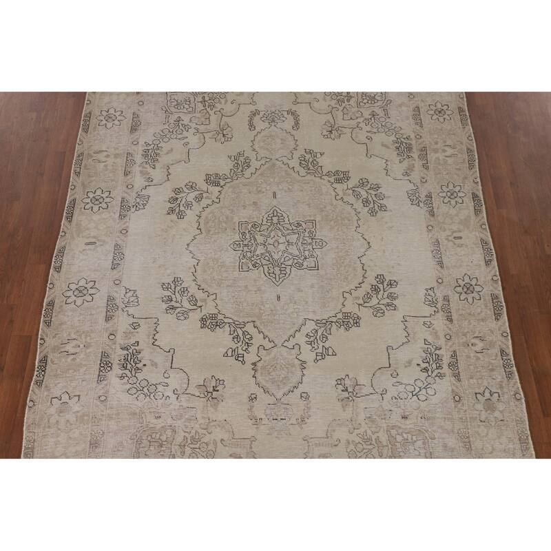 Geometric Distressed Tabriz Persian Vintage Rug Handmade Wool Carpet - 6'4"x 9'2"