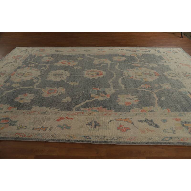 Hand Knotted Oriental 100% Wool Carpet Transitional All-Over Greys & Charcoal Oushak Area Rug - 12' 8'' X 8' 7''