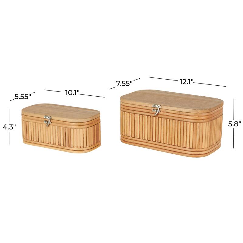 Brown Wood Ribbed Decorative Box with Brass Latches (Set of 2) - 8"W x 12"L x 6"H