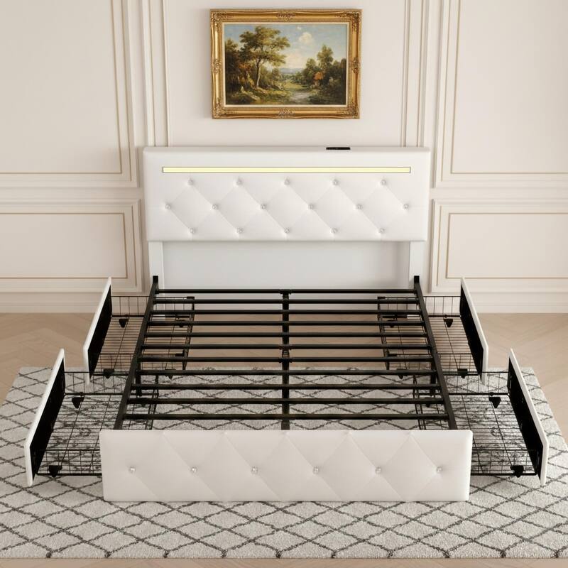 Full Size Bed Frame with LED Light and Storage Drawers, PU Upholstered Bed Frame with Adjustable Headboard, Charging Station