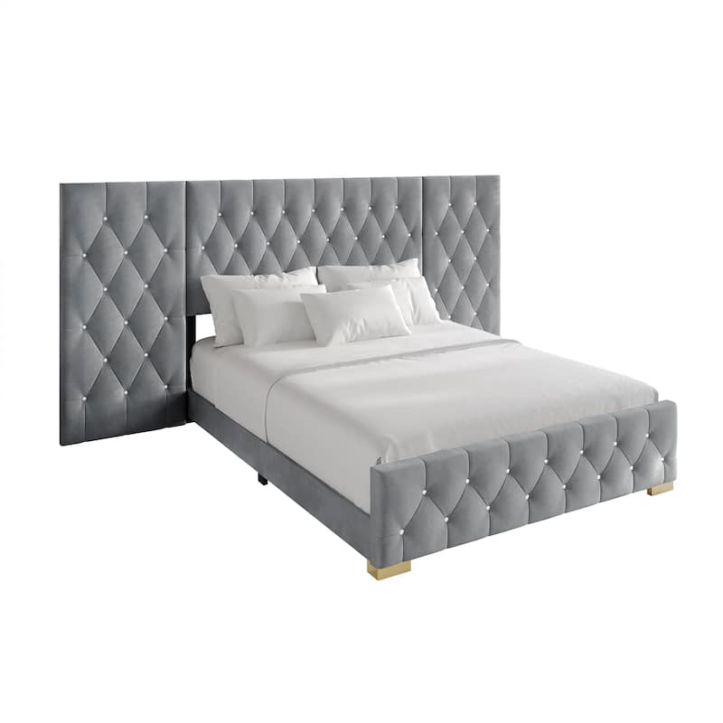 CraftPorch Luxurious Velvet Tufted Platform Bed with Wall Panels