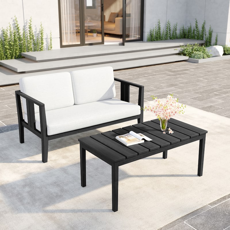 Uixe Teak Patio Loveseat with Coffee Table Outdoor Conversation Set