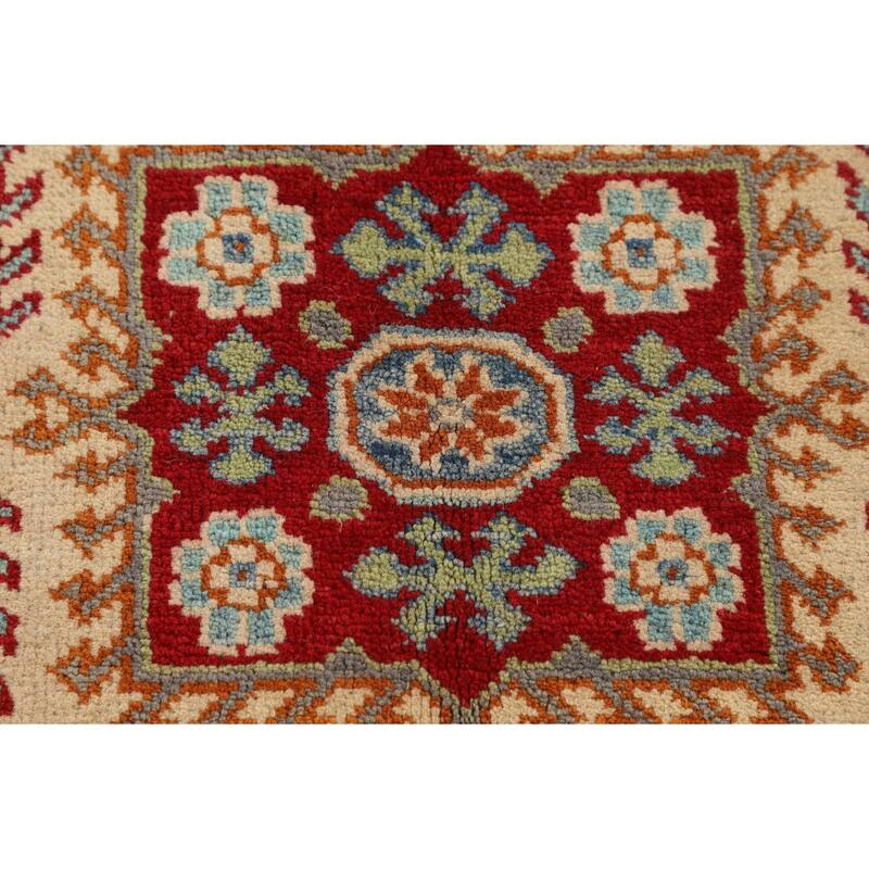 Geometric Beige Kazak Accent Rug Hand-Knotted Oriental Wool Carpet - 3'4" x 4'9"