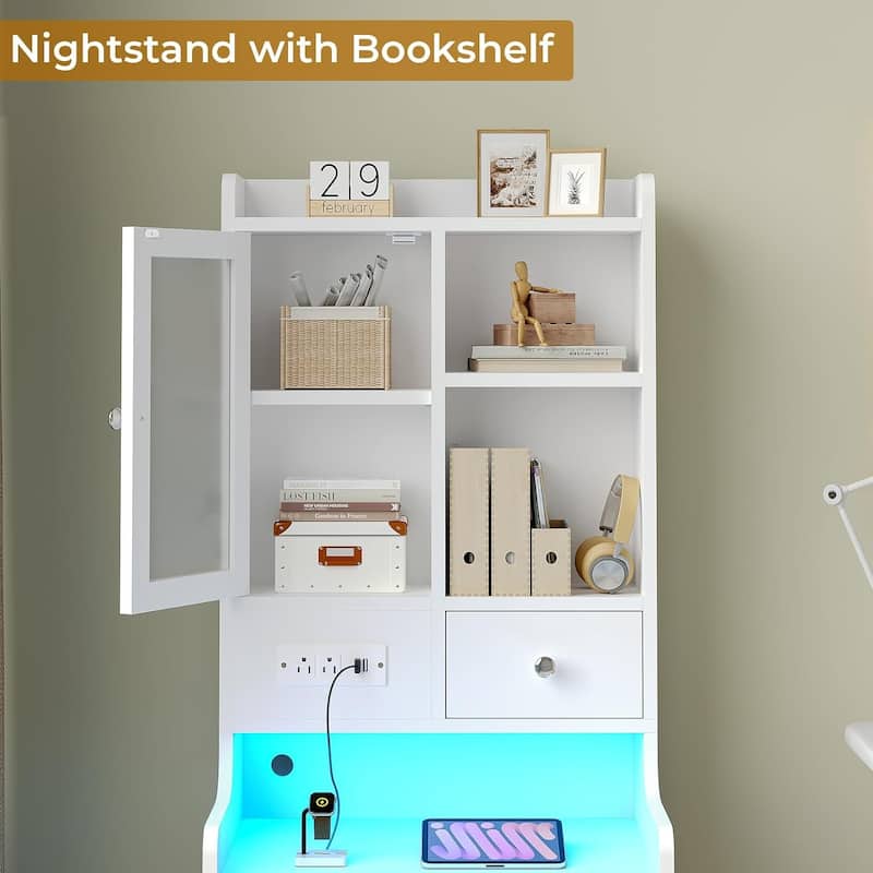 Tall Nightstand Charging Station 3 Drawers & Shelves LED Glass Door