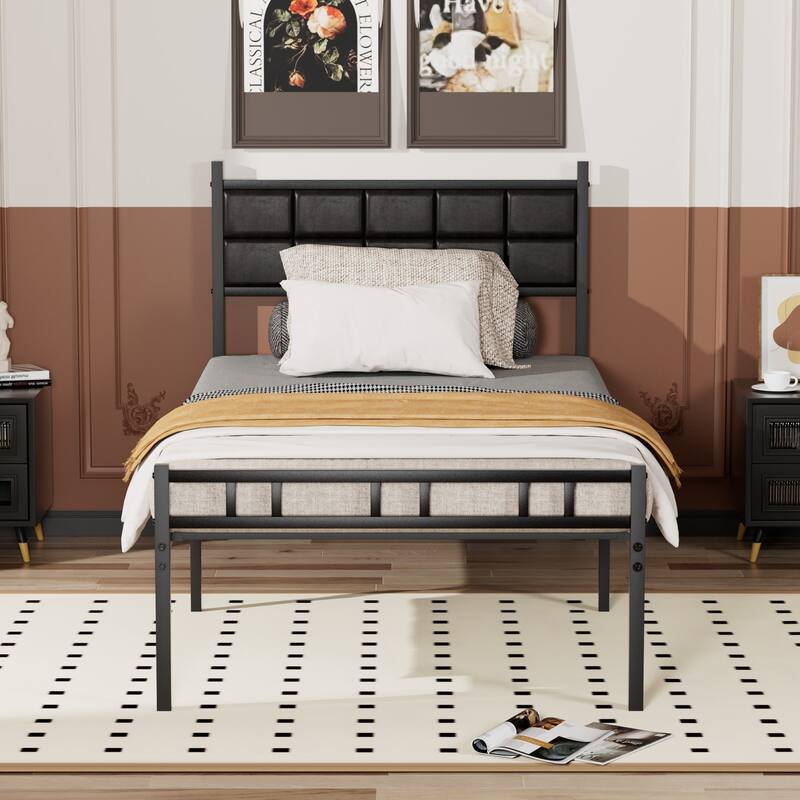 Javlergo Metal Bed Frame with PU Upholstered Headboard, No Box Spring Needed