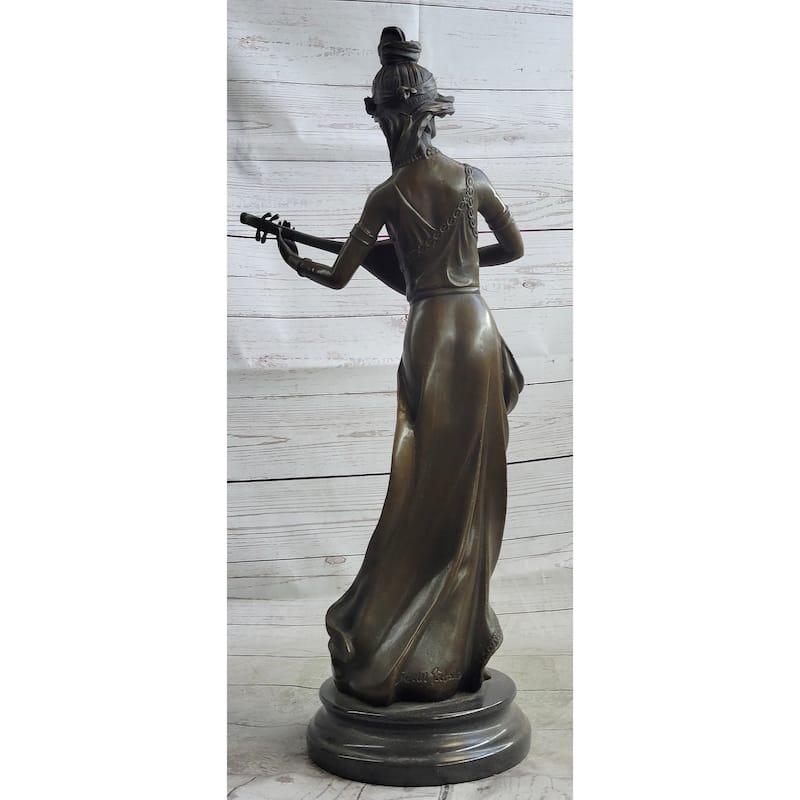 Hand Made Original Artwork By Jean Patoue Female Playing Banjo Bronze Sculpture