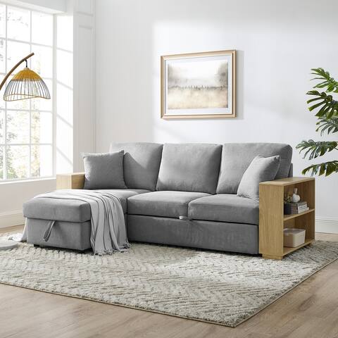 88" Convertible Sectional Sofa with Pulled Out Bed, 2 Seat Sofa and Reversible Storage Chaise with 2 Pillows, MDF Shelf Armrest