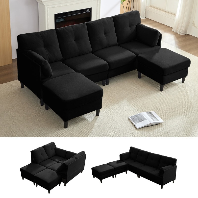 Mixoy W87"U-Shaped Sectional Couches,Velvet 4-Seater Convertible Sofa With Movable Storage Ottomans