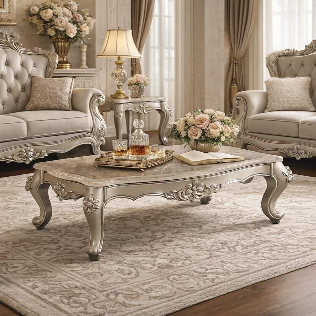 Traditional Style Rectangular Wood and Marble Coffee Table, Silver