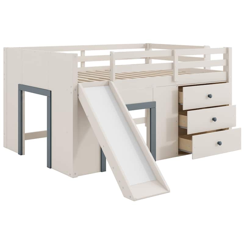 Full Size Low Loft Bed with Slide, 3 Storage Drawers and 2 Doors