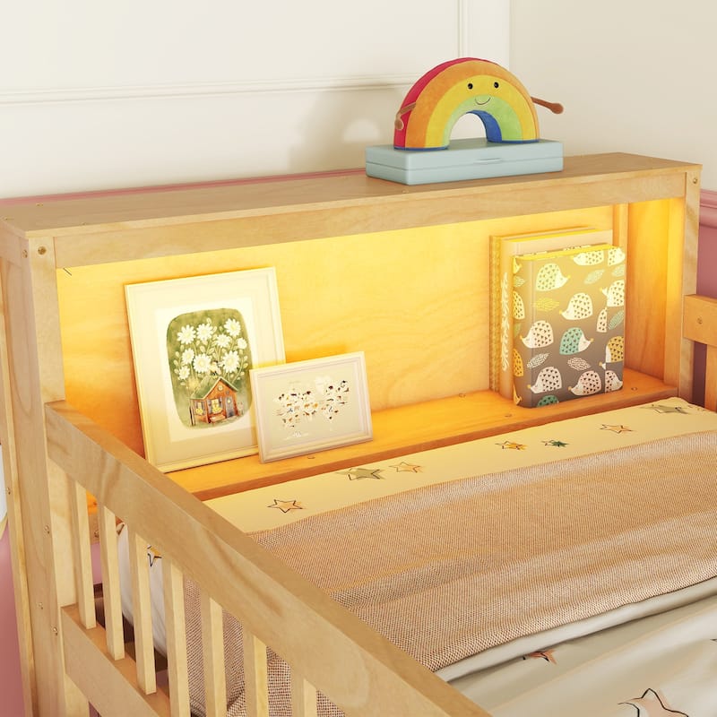 Loft Bed with LED and Bookshelf,Wood Low Loft Bed with Stairs