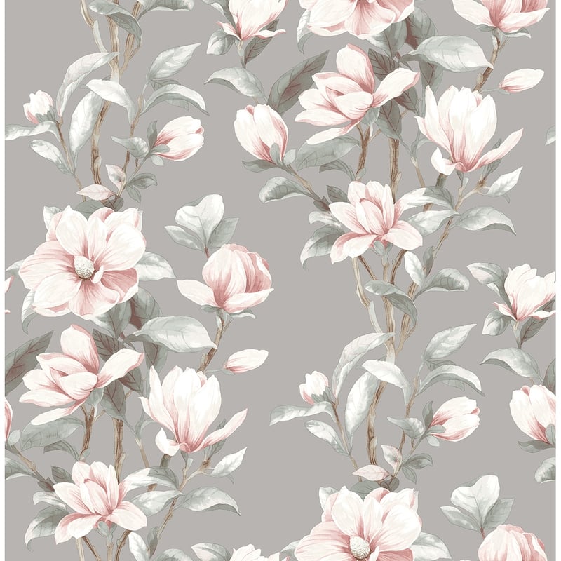 NextWall Magnolia Trail Peel and Stick Wallpaper - 20.5 in. W x 18 ft. L - Metallic Silver & Petal Pink