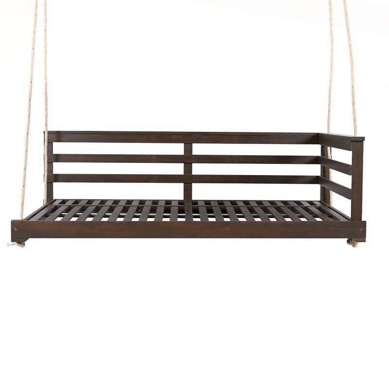 Country Patio Wooden Twin Size Swing Daybed with 4pcs 96-inch Hemp Ropes for Backyard and Garden