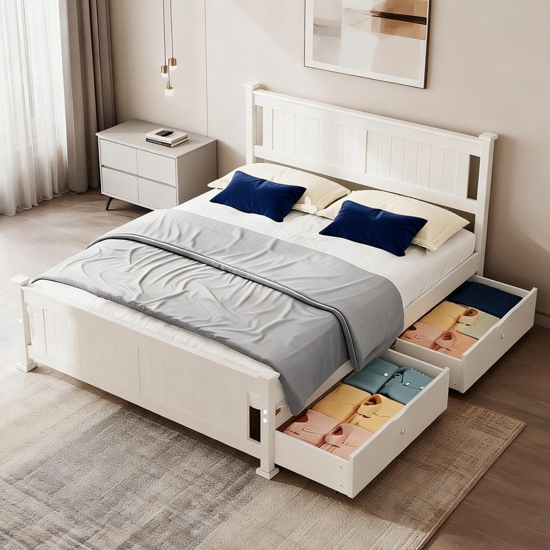 White Wood Bed Frame with 2 Storage Drawers,Headboard,Modern Minimalist Panel Platform Bed for Kids,Teens, Adults