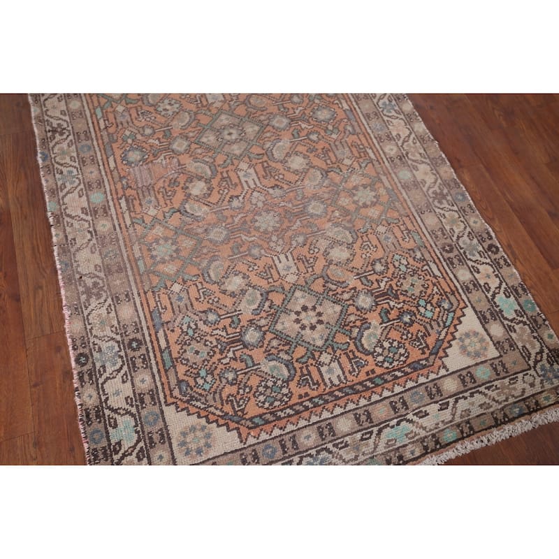 Distressed Hamedan Vintage Persian Runner Rug Hand-Knotted Wool Carpet - 3'5" x 9'4"