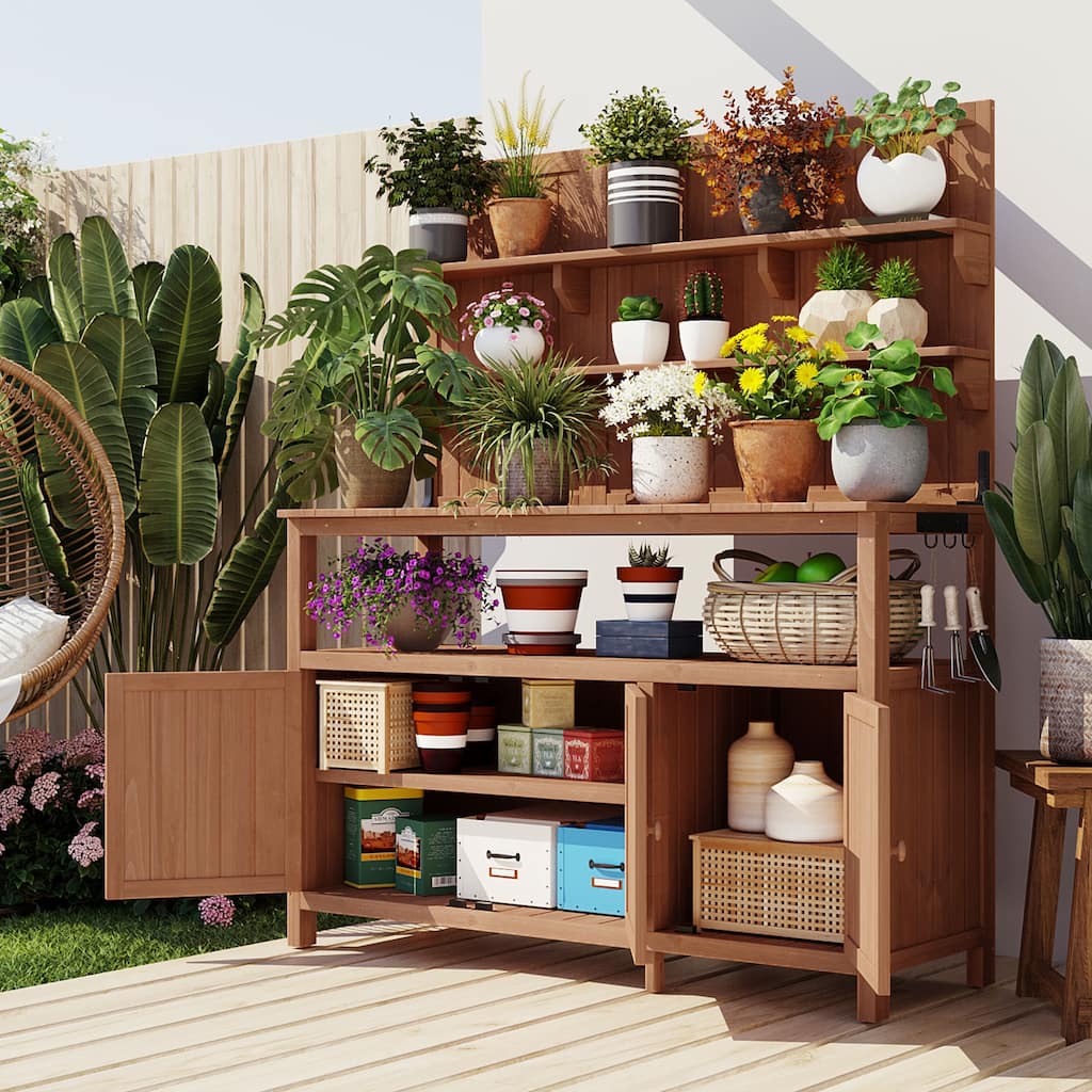 Roomfitters 50 Inch Solid Fir Wood Potting Bench with Hutch and Cabinets, Garden Workstation Table