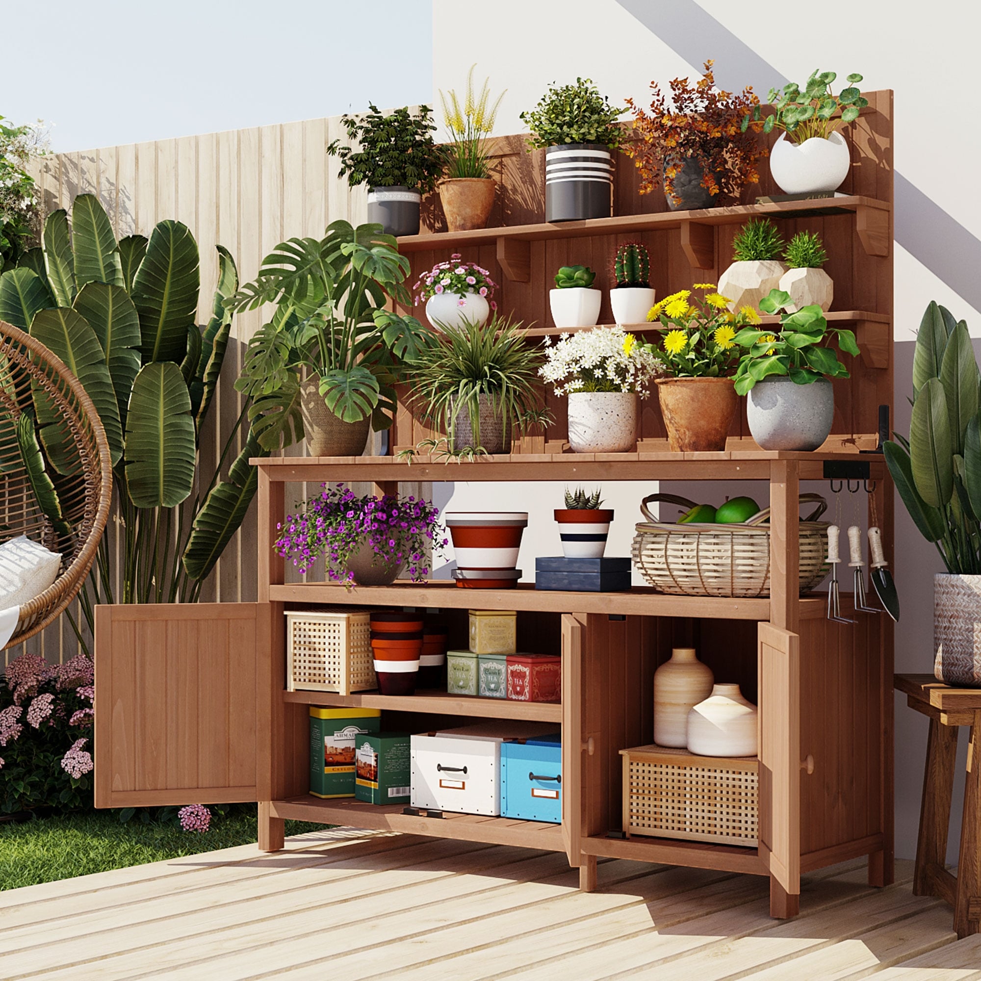 Roomfitters 50 Inch Solid Fir Wood Potting Bench with Hutch and Cabinets, Garden Workstation Table