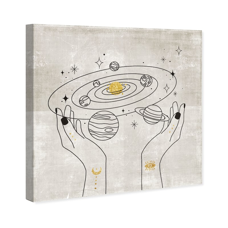 Wynwood Studio Canvas Astronomy and Space World In your Hands Black and Metallic Gold Glam Wall Art Canvas Print