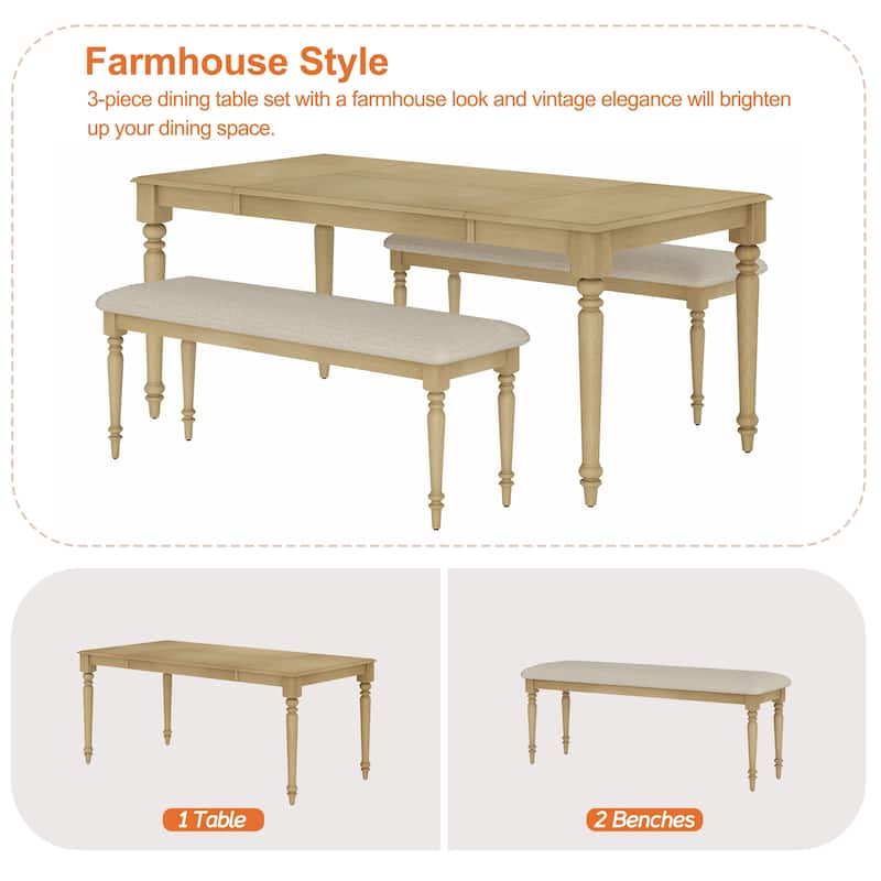 3-Piece Dining Table Set, Wood Dining Table & 2 Padded Benches, Oak