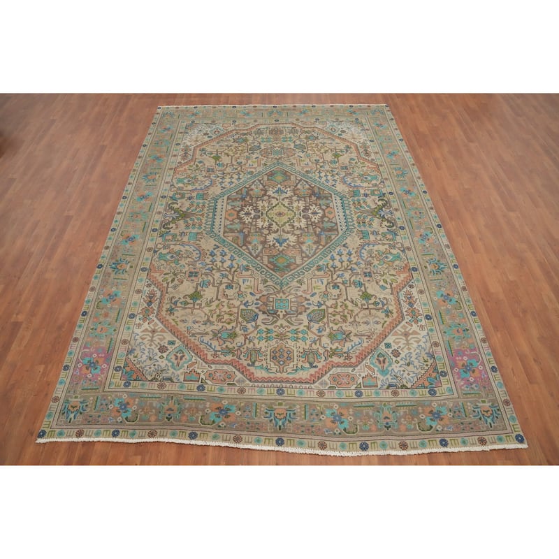 Hand Knotted Oriental 100% Wool Carpet Traditional Floral Beige & Ivories Tabriz Area Rug - 11' 5'' X 8' 2''