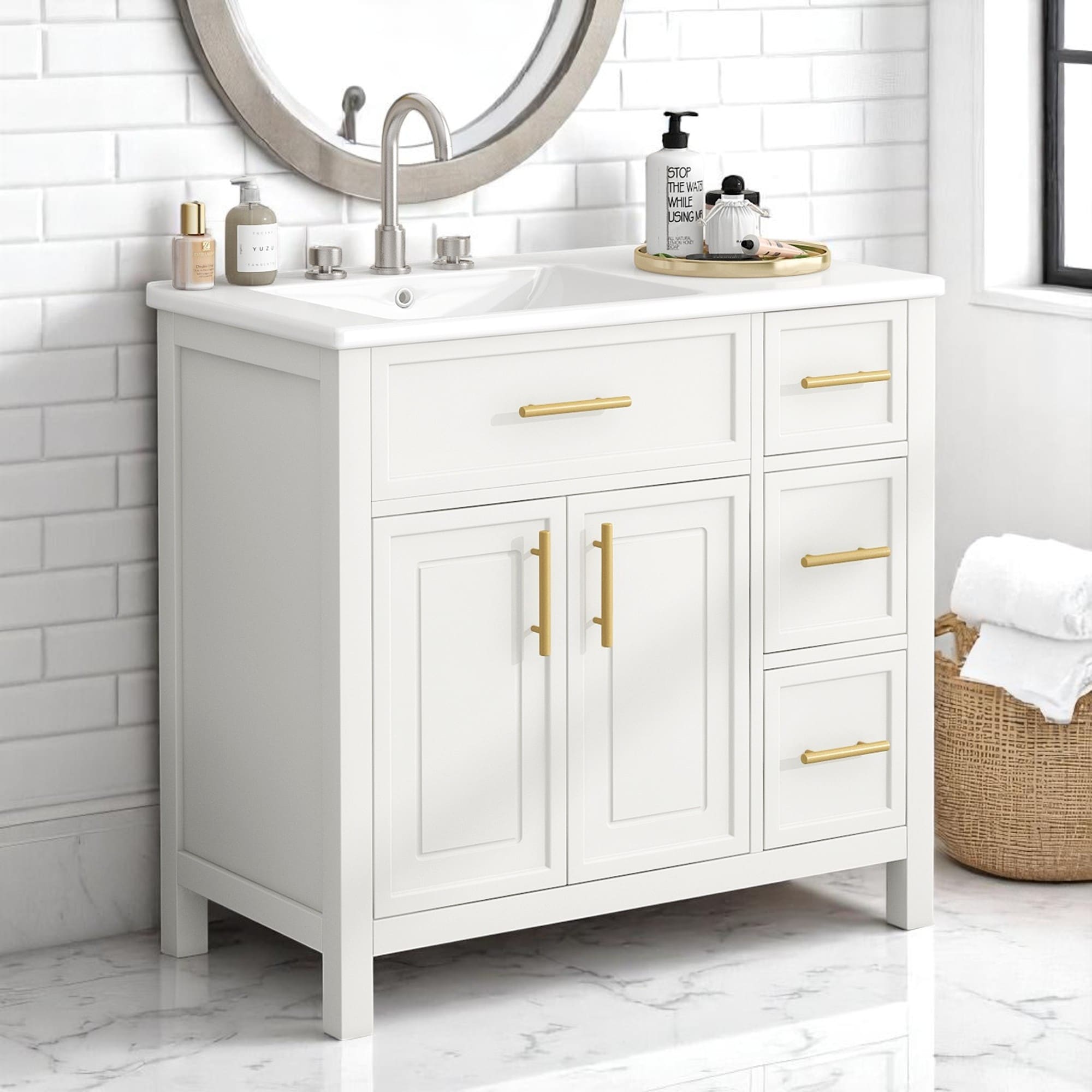 Modern 36" Bathroom Vanity Cabinet with Ceramic Sink, 3 Drawers & 2 Doors, Solid Wood and MDF, Freestanding Design