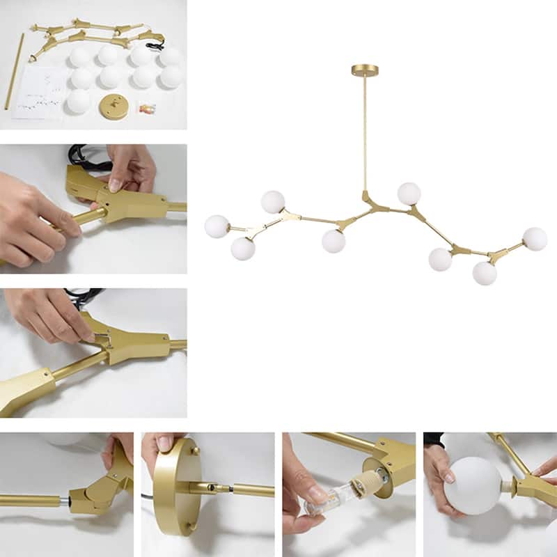 Mid-century 8-light Branch Opal Glass Globe Linear Island Chandelier