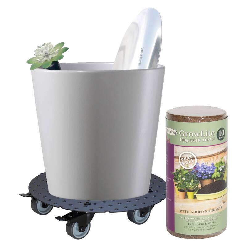 Dallas Esprit Indoor Ceramic Plant Pot Kit with Soil Tools Moisture Meter and Plant Caddy - 11" Dia - 11" Dia