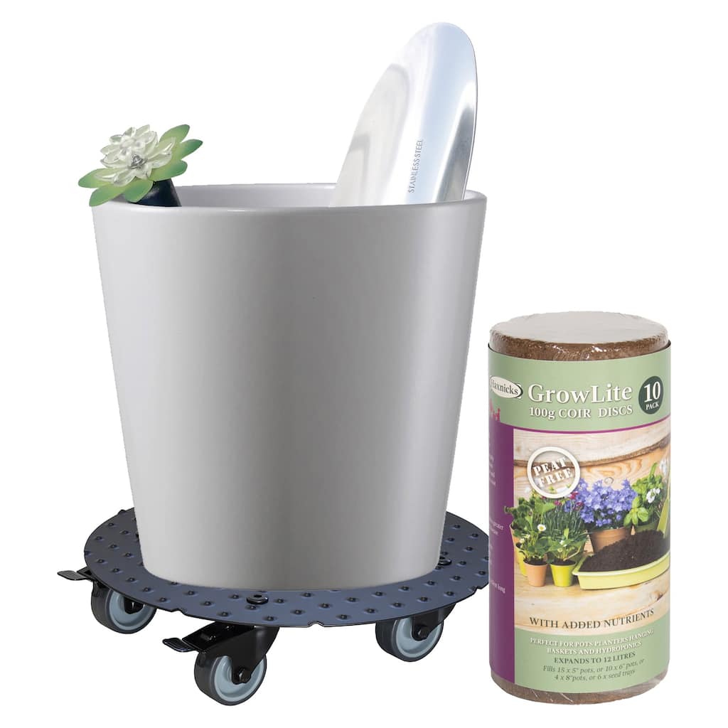 Dallas Esprit Indoor Ceramic Plant Pot Kit with Soil Tools Moisture Meter and Plant Caddy - 11" Dia