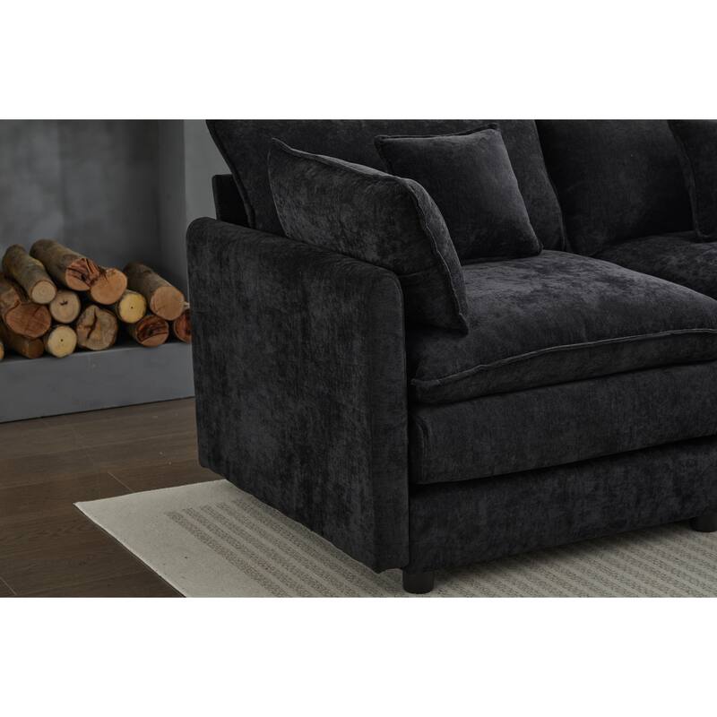 L-Shaped Modular Sectional Sofa with Removable Ottoman, Chenille Upholstered 3-Seater Sofa, Deep Seat Sofa with Pillows