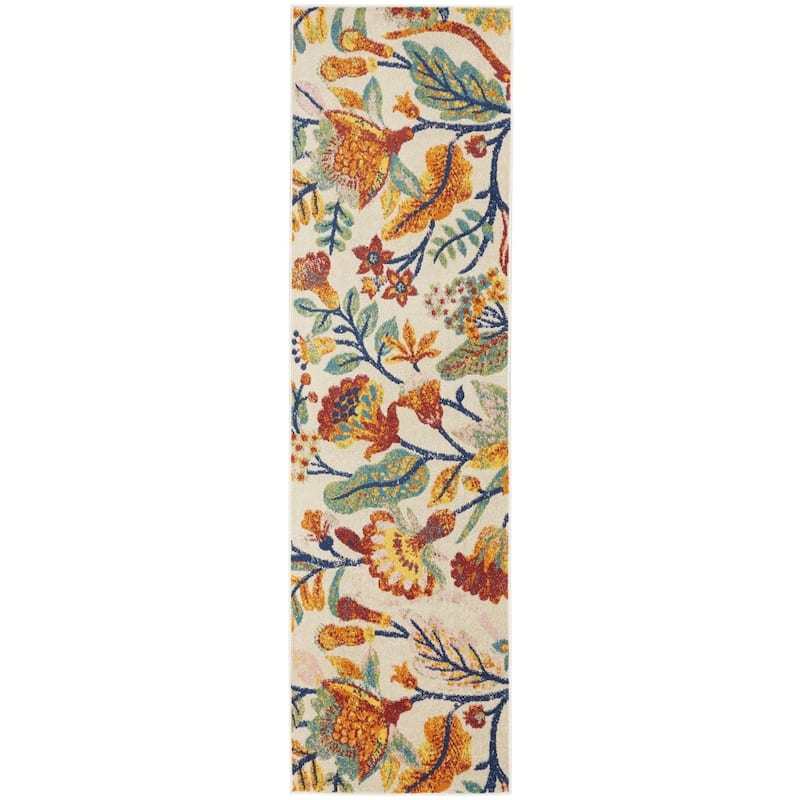 Gafek Power Loomed Floral Traditional Low Pile Area Rug By HomeRoots - 90' X '27' X '0.25 - 90' X '27' X '0.25 - Orange and Ivory - Runner